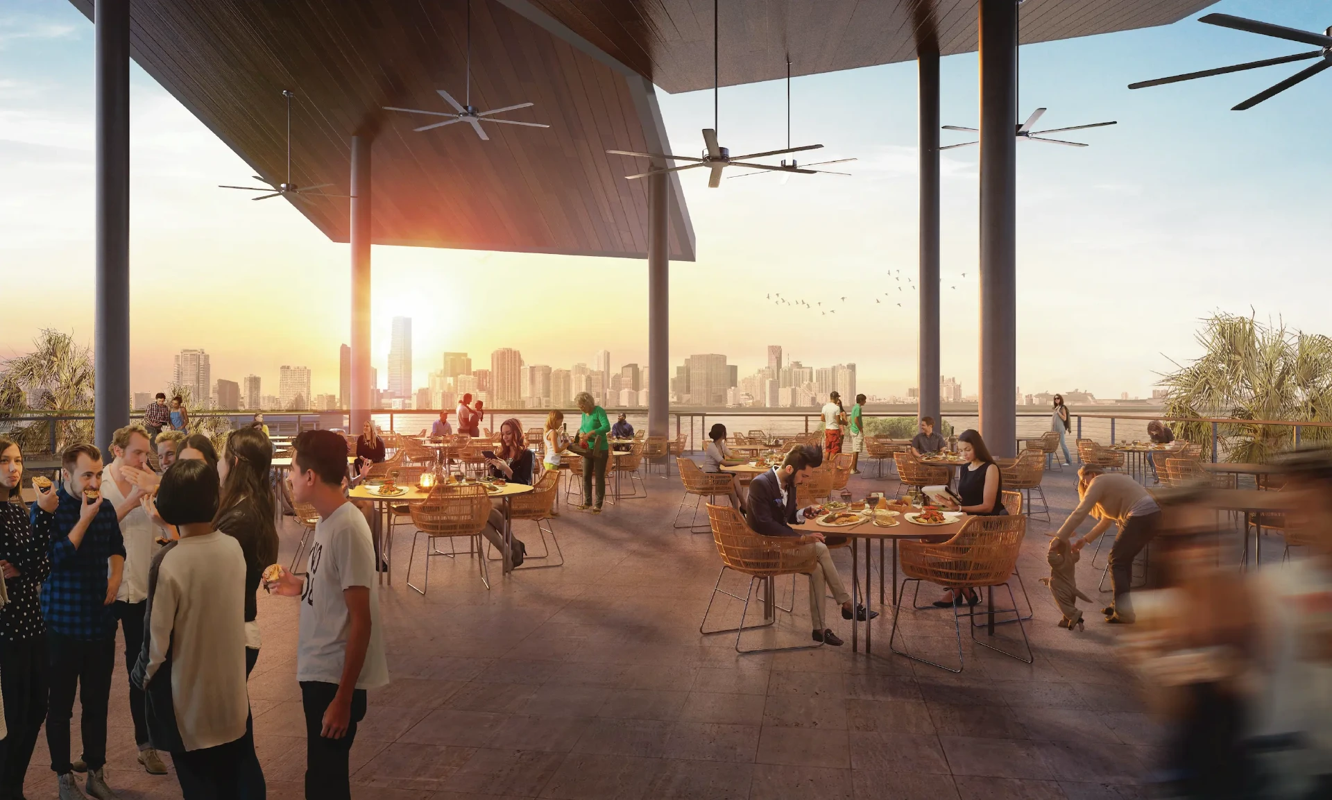 Rendering of the waterfront patio overlook with Miami skyline views