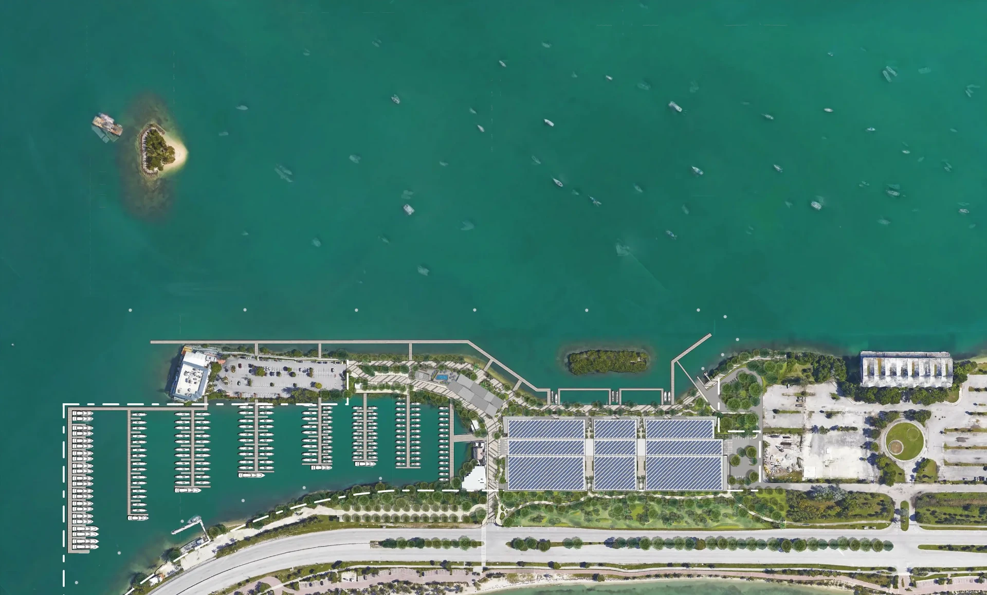 Aerial schematic rendering of the marina plan, boat storage, and parking at Virginia Key