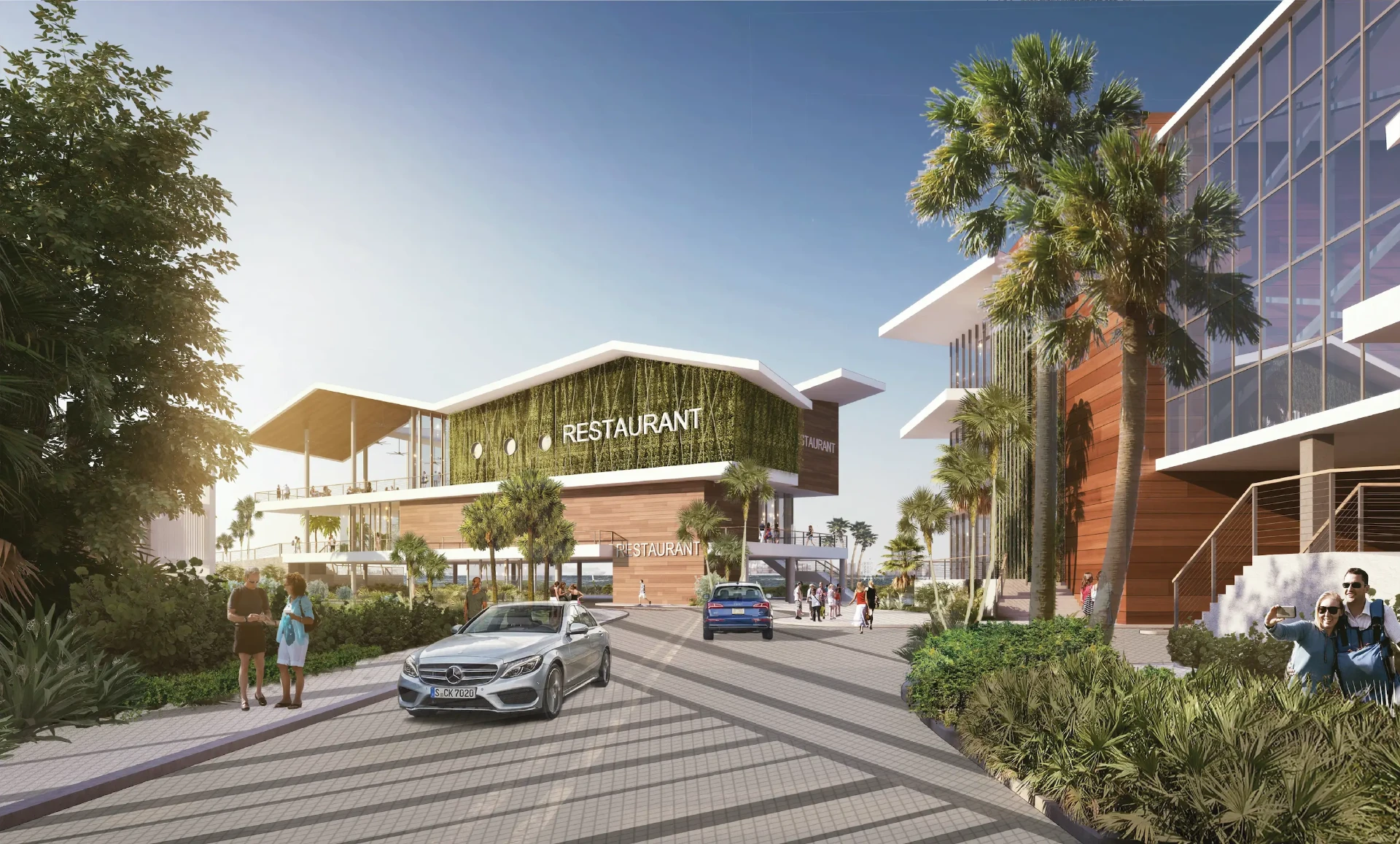 Rendering of the marina entrance with restaurants and palm-lined walkways