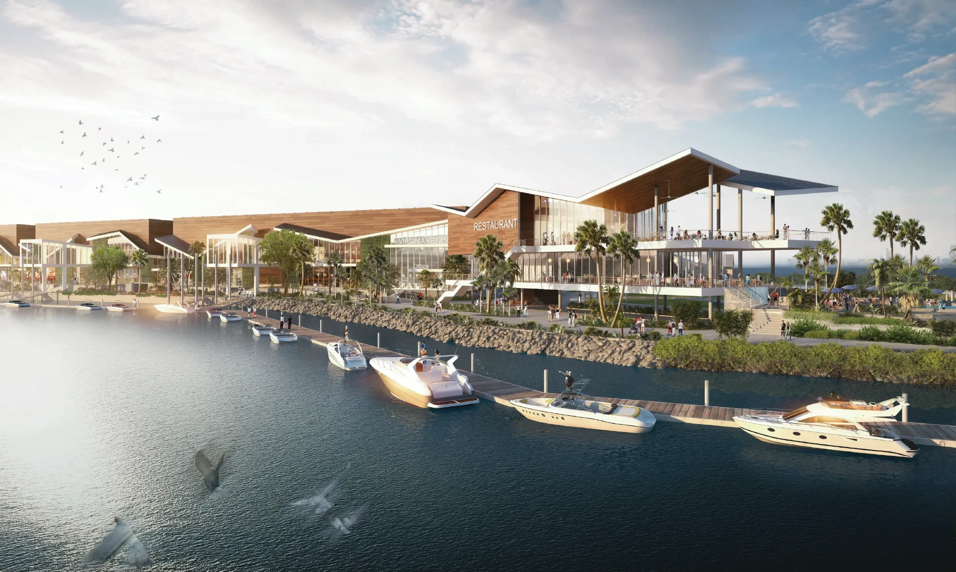 Rendering of the marina waterfront, docks, and restaurants at Virginia Key