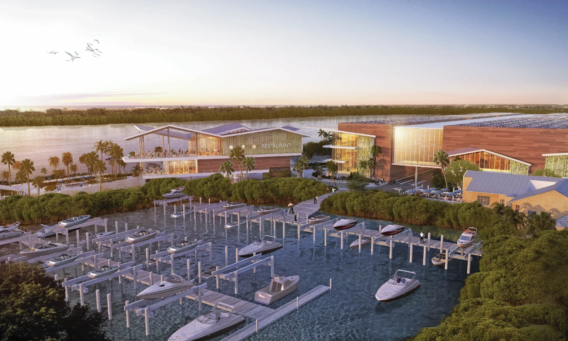 Bird’s-eye rendering of the marina, docks, and waterfront restaurants